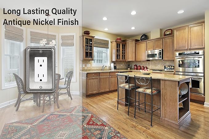 Henne Bery Rope Edge Decorative Wall Plate Switch Plate Outlet Cover (Single Decorator, 3 Pack, Heirloom Silver)