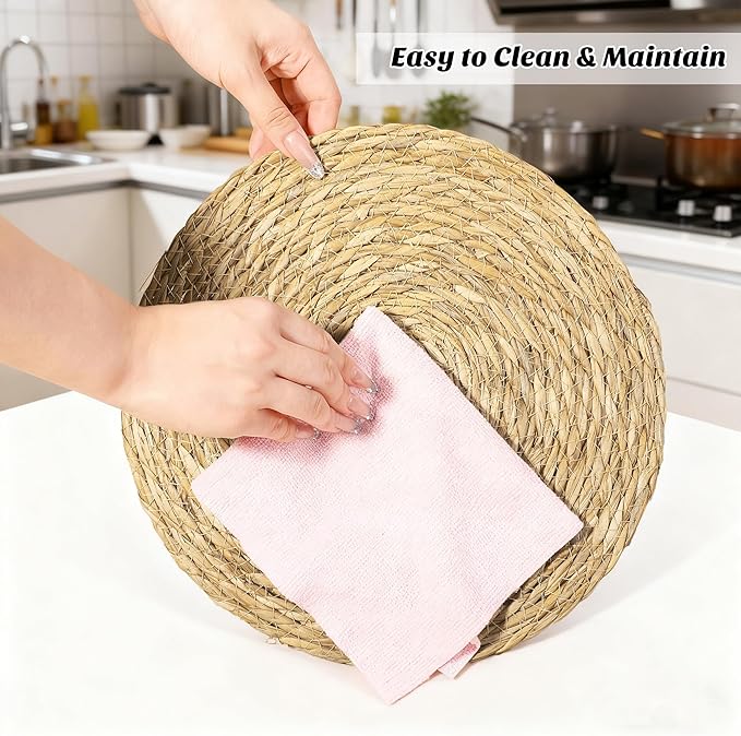 Elcoho 4 Pieces Round Woven Placemats 12 Inch Boho Rattan Placemats Farmhouse Braided Place Mats Woven Plate Chargers Rustic Wicker Table Mats for Dining Table