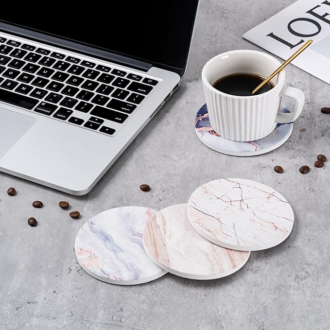 Hoewina 6Pcs Drink Coasters with Holder, Marble Style Ceramic Drink Coaster, Absorbent Coasters Set Suitable for Kinds of Cups, Modern Style Coasters for Coffee Table, 4 Inches（Blue Marble Style）