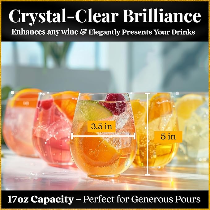 Set of 8 European-Made Stemless Wine Glasses | Named New York Times Best Stemless Glass of 2017 | 17 FL Oz. | 100% Lead-Free Crystal | Thin | Dishwasher-Safe | Gift Idea | Perfect for Everyday Use