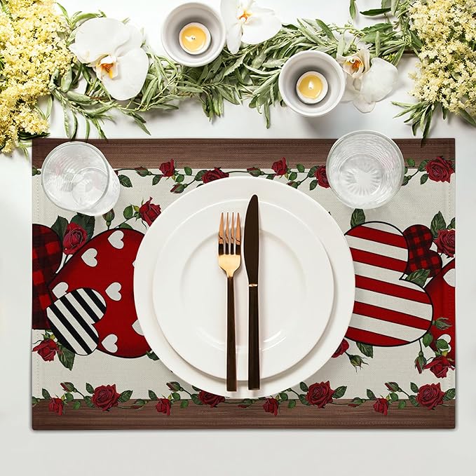 Red Hearts Placemats - Love Place Mats Set of 4 Rose Flower Tablemats 12x18 for Dining Kitchen Farmhouse