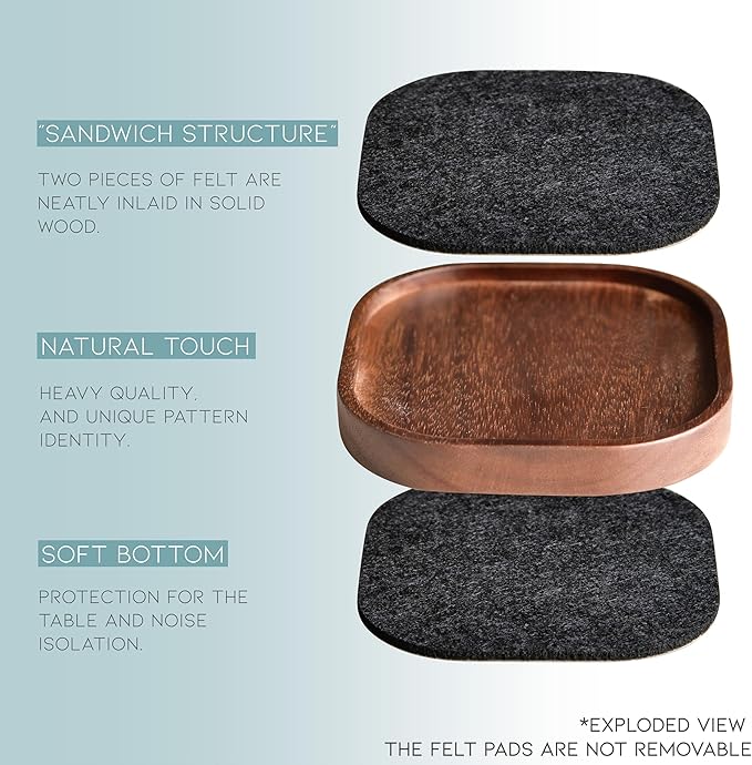 Wood Coaster for Drinks, Set of 6, Squircles Absorbent and Insulation Felt Stackable Cup Holders, Coasters for Wooden Table, Designed by S1EGAN