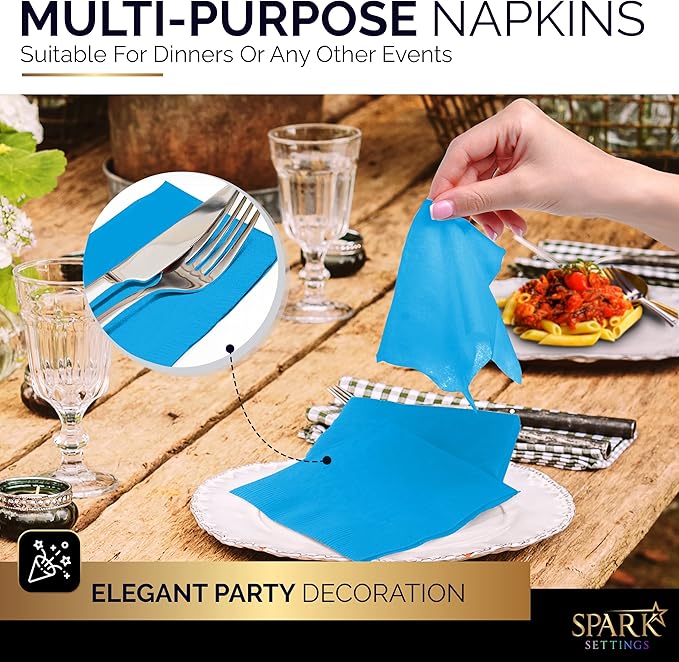 Big Party Pack 100 Count Caribbean Blue Beverage Napkins - Ideal for Wedding, Party, Birthday, Dinner, Lunch, Cocktails. (4” x 4”)