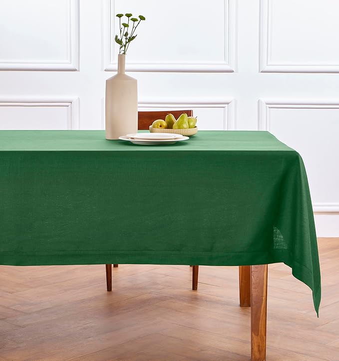 Solino Home Linen Tablecloth 60 x 120 Inch - 100% Pure Linen Pine Green Table Cloth for Rectangle Tables - Fete, Machine Washable Tablecloth for St Patricks Day