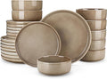 vancasso PLAYA Plates and Bowls Sets, 24 Pieces Dark Brown Dinnerware Sets for Kitchen, Reactive Glaze Dishes Set for 8, Dishwasher and Microwave Safe