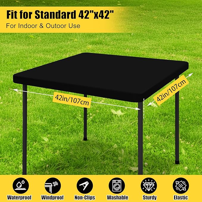 Smiry Square Picnic Table Cloth, Waterproof Elastic Fitted Tablecloths for 4 Foot Tables, Washable Polyester Table Cover for Camping, Indoor and Outdoor (Black, 42"x42")