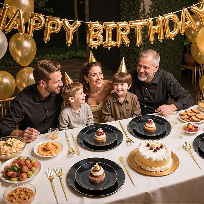 bUCLA 150PCS Black and Gold Plastic Plates - Black Gold Plastic Dinnerware Set Disposable - Include 25 Dinner / 25 Dessert Plates, 25 Knives, 25 Forks, 25 Spoons, 25 Cups, Ideal for Party & Birthday