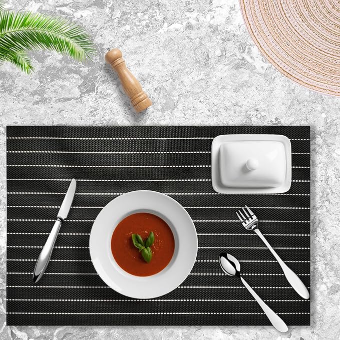 Placemats Set of 4 Vinyl Washable Black White Placemats, 18"x12" Wipeable Heat-Resistant Non-Slip Easy Clean Table Mats Ideal for Dining Table Table Runner and Outdoor (4, Black White Stripe Black)