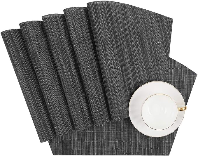 SHACOS Round Table Placemats Set of 7 Wedge Shaped Place Mat with Centerpiece Round Mat Heat Resistant Table Mats Washable (7, Black Gray)