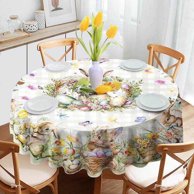 Easter Tablecloth Round 70 Inch, Easter Bunny Table Cloth Buffalo Check Plaid Kitchen Table Cover for Dining Room Spring Round Tablecloth Indoor Decor