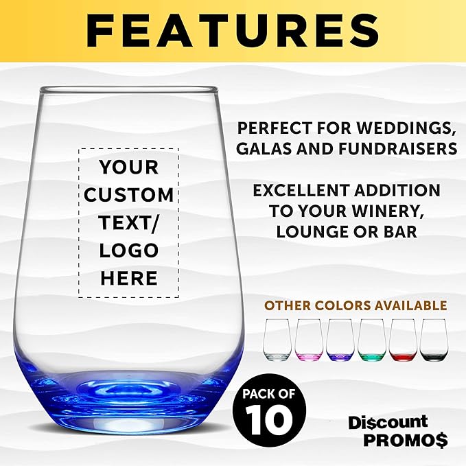 DISCOUNT PROMOS 10 Vaso Silicia Stemless Wine Glasses Set, 16 oz. - Personalized Text, Logo - Clear, Orb-Like, Thick base - Blue