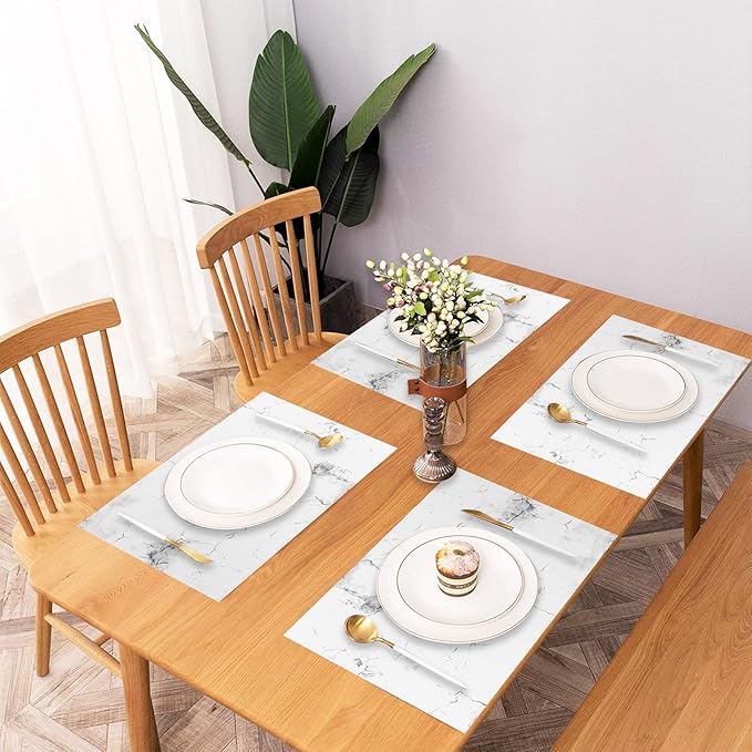 Marble Printed Placemats Set of 4 White Grey Elegant Marbling Place Mats Washable Rectangular Table Mats for Party Home Kitchen Restaurant Dining Table Decor 12x18 Inch
