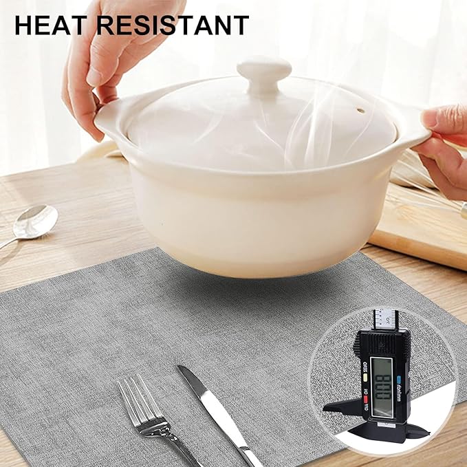 homing Faux Leather Heat Resistant Placemats 12 Packs, Waterproof Wipeable Dining PU Place Mats for Indoor & Outdoor, Easy to Clean, Light Grey
