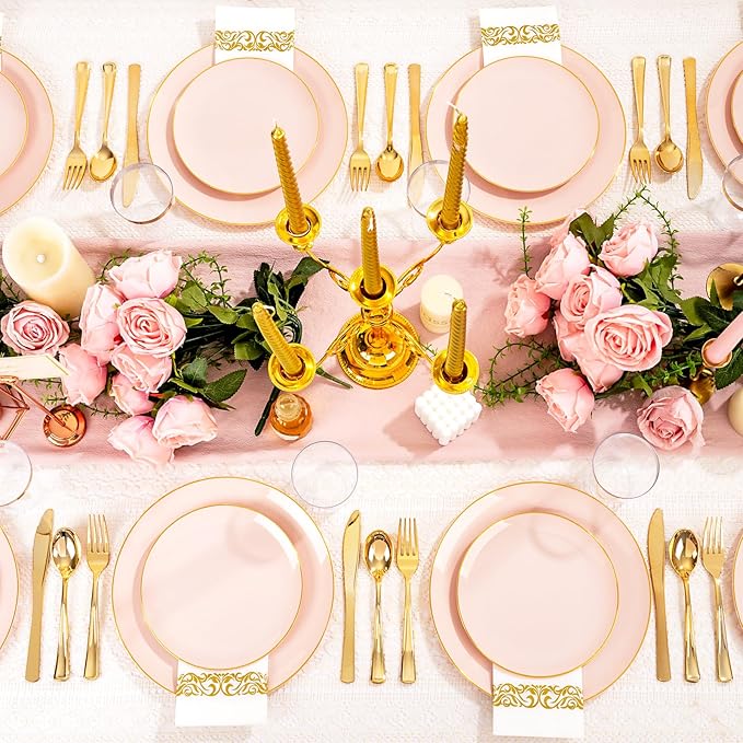 YOUBET 175PCS Pink Plastic Plates - Pink and Gold Disposable Plates Include 50 Plastic Plate, 75 Silverware, 25 Cups, 25 Napkins for Wedding & Party & Birthday Valentines Day