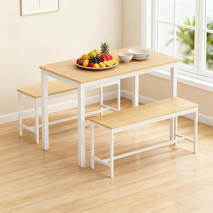 Dining Table Set for 4, Wooden Kitchen Table and 2 Benches Set with Metal Frame, Rectangular Dining Room Table Set for Small Space, Living Room, Apartment, Breakfast Nook, 43.3" L x 23.6" W x 29.9" H