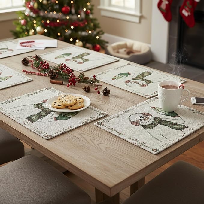 DaDa Bedding Magical Snowman Placemats - Set of 4 Festive Holiday White Tapestry - Cotton Linen Woven Dining Table Mats - 13” x 19” (9733)