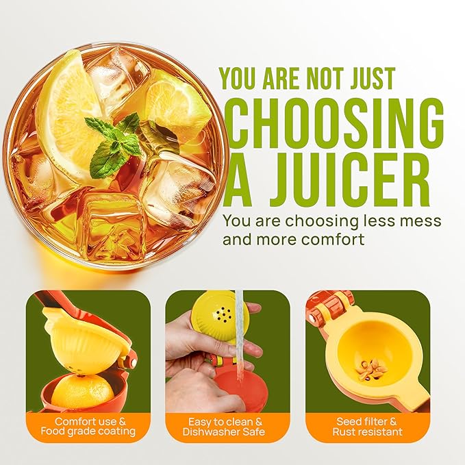 Zulay Kitchen Metal 2-in-1 Lemon Squeezer - Sturdy Max Extraction Hand Juicer Lemon Squeezer Gets Every Last Drop - Easy to Clean Manual Citrus Juicer - Easy-Use Lemon Juicer Squeezer - Red/Yellow