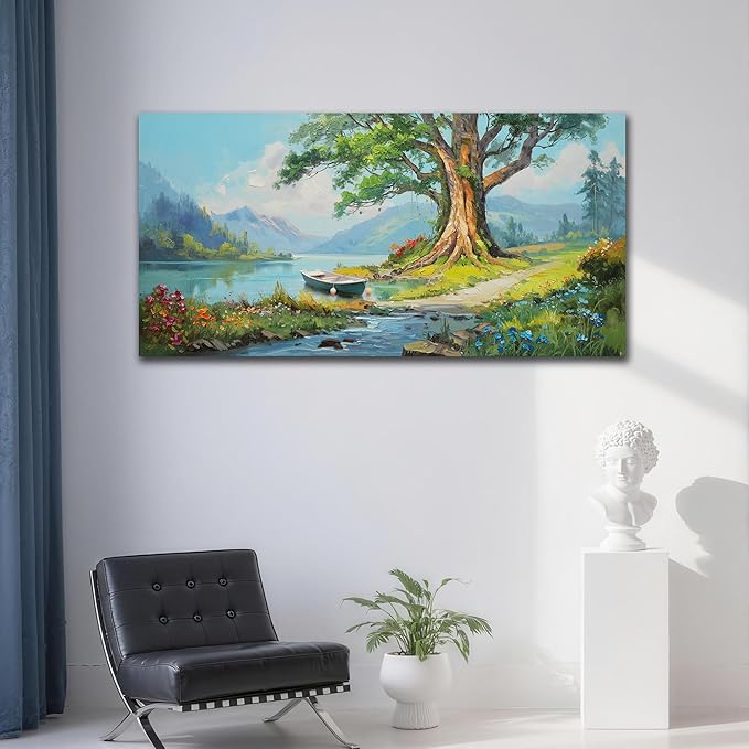 Anolyfi Lake Canvas Wall Art Landscape Painting, Green Tree and Boat Nature Print Wall Art Decor Mountain Artwork Framed for Living Room Bedroom Dining Room Office Home Decor 40"x20"