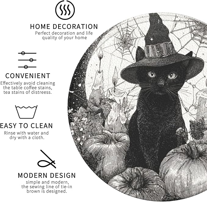 Halloween Cat Coasters Leather Round Drink Coasters 6 Pcs Set with Holderor for Cup Drink Coffee Table Bar Home Decor