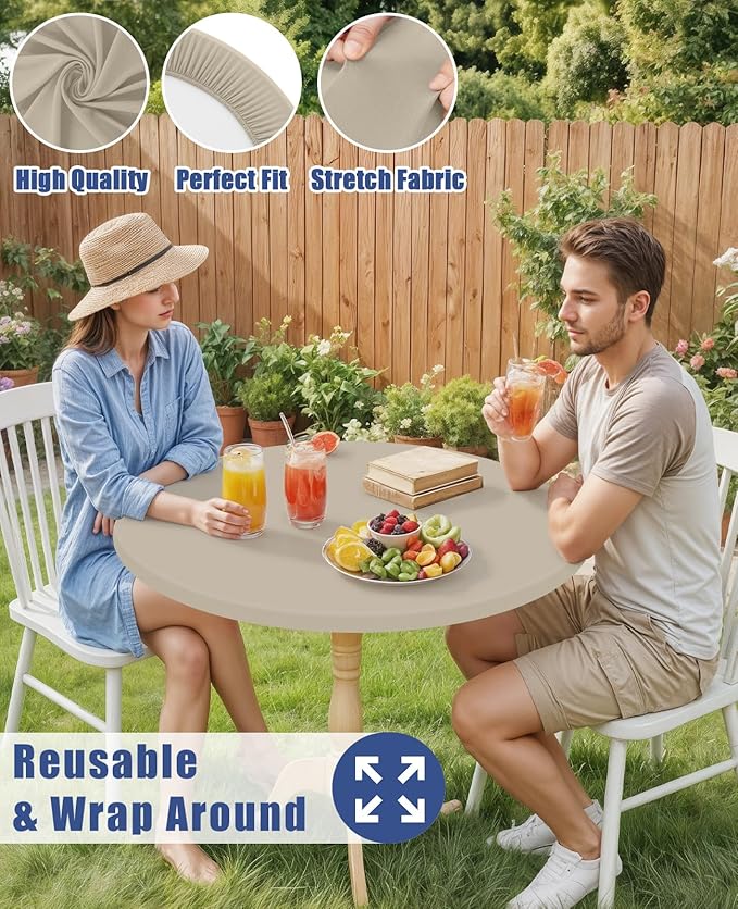 Round Spandex Tablecloth, Elastic Fitted Waterproof Tablecloths for 57"-68" Tables, Stretch Washable Picnic Table Cover for Camping, Dining, Indoor and Outdoor, Taupe