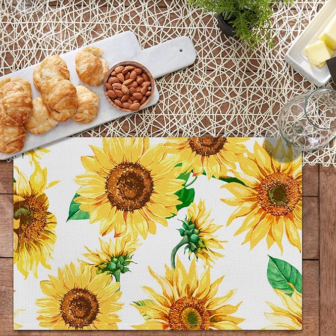 AOFOTO Sunflower Placemats Set of 4 Yellow Flowers Leaves Printed Place Mats Rectangular Artistic Table Mats for Party Home Kitchen Restaurant Dining Table Decor 12x18 Inch