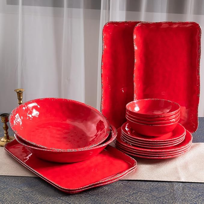 Farmhouse Melamine Dinner Plate set, 11 inch Unbreakable Serving Plates, Set of 6, Lightweight Dinnerware Plate, Large Dessert or Salad Plate Set, Chip Resistant Camping Dishes, Red…