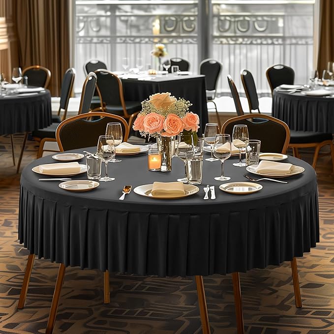 1 Pack Black Spandex Round Tablecloths for 72in Table, Stretchy Fitted 6FT Round Table Cloths, Wrinkle Free Table Cover with Skirt for Wedding Birthday Party Bridal Shower Banquet