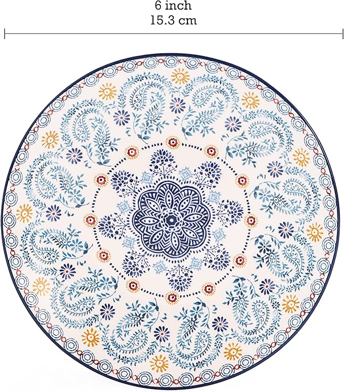 Bico Blue Talavera Appetizer Plates Set of 6, 6 Inch Small Ceramic Dessert Plates for Snacks, Salad, Tablescape, Microwave and Dishwasher Safe, Gift for Housewarming and Thanksgiving