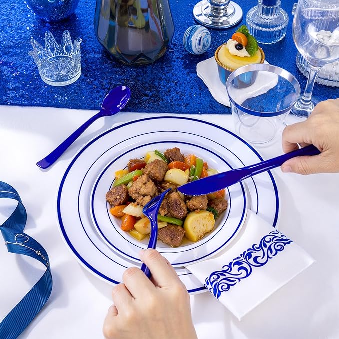 WELLIFE 700 Pcs Blue Plastic Plates for 100 Guests - Plastic Dinnerware Set,Party Supplies Includes 200 Blue Plates,300 Disposable Silverware,100 Napkins,100 Cups