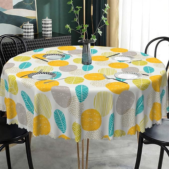 Laeacco 60 Inch Geometric Round Tablecloth Colorful Abstract Oval Leaf Pattern Modern Art Print Table Cloth Washable Waterproof Wrinkle Free Table Cover for Kitchen Dining Picnic Party Decoration