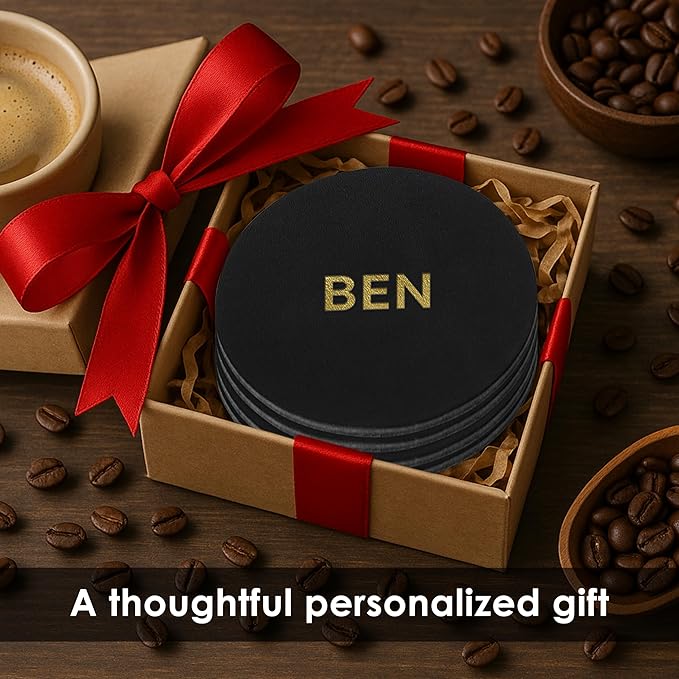 Northwind Personalized Leather Coasters – Set of 4 Full-Grain Leather 4” Circle Drink Coasters with Custom Engraved Monogram Initials – Stylish Home Décor for Weddings and Holidays
