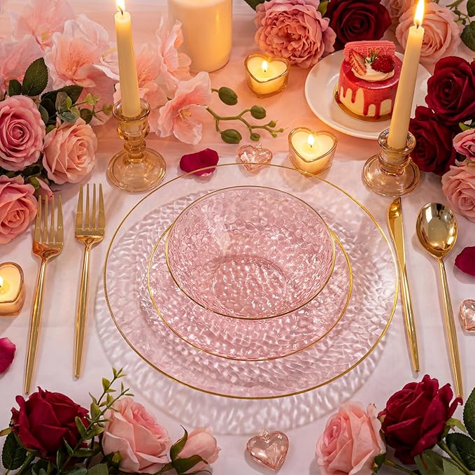 I00000 50 Pack 12 Ounce Pink Plastic Bowls Serving Bowls Hammered Clear Bowl with Gold Rimmed, Heavy Duty Disposable Bowl Set,Small Bowls for Valentine's Day Party