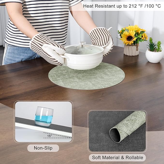 Myir JUN Round Placemats Dual Sided, Faux Leather Place Mats Set of 4 Indoor Placemats for Dining Table Outdoor Placemats Non-Slip Washable Table Mats (Set of 8, Gray Grass Green)