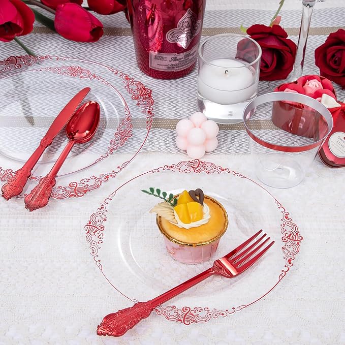 Hioasis 350pcs Clear and Red Plates - Red Party Plates for 50 Guest, Include 100 Heavy-duty Plates(20% Thicker Than Standard), 50 Pre Rolled Gold Plastic Silverware Set, 50 Cups
