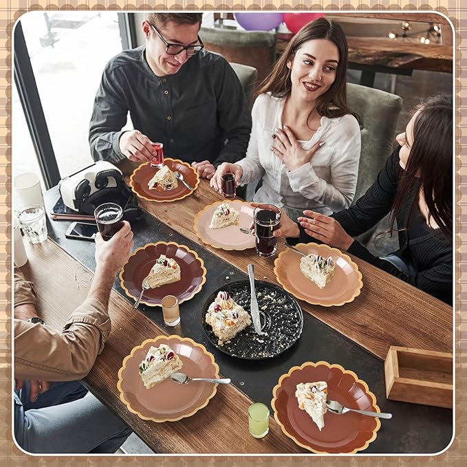 48 Pcs Brown Paper Plates 9 Inch Gradient Brown Scalloped Paper Disposable Dinner Dessert Plates for Birthday Wedding Bridal Party Supplies, 6 Colors