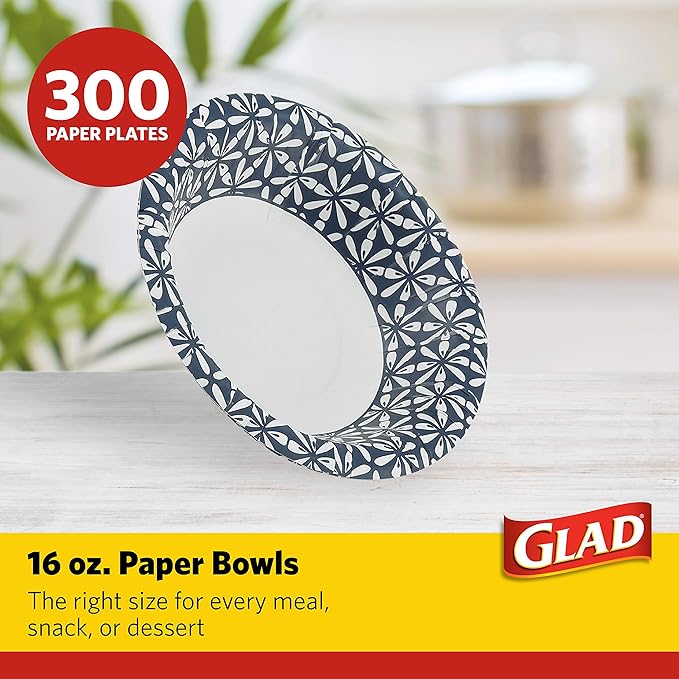 Glad Disposable Paper Bowls With Blue Mosaic Design, 16 Ounces, Soak Proof, Cut-proof, Microwaveable, 300 Count