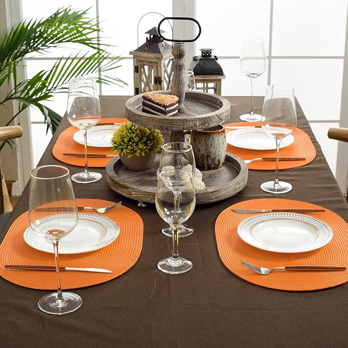 FunWheat Oval Braided Placemats Set of 6 Table Mats for Dining Tables Woven Washable Non-Slip Shining Place mats12x18 Inch Table mats for Indoor Outdoor Use(Oval Orange, 6pcs)