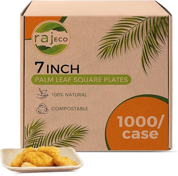 Raj Palm Leaf Plates Bulk [50-Pack] 7" Square Plates(20 CASES - 1000 PACK) like Bamboo plates Disposable, Strong, Decorative Compostable Tableware for weddings, Lunch, Dinner, Birthday, Camping