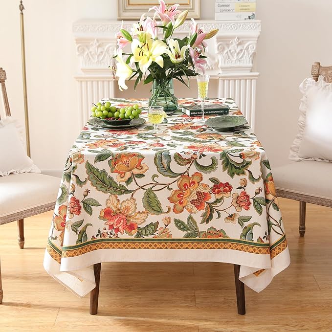 patdrea Designer Vintage Linen Rectangular Tablecloth,Provencal Rustic Floral Pattern Tablecloths,Decorative Table Cover Cloth for Kitchen,Dining,Tea Party,Home,Christmas,55"*79"