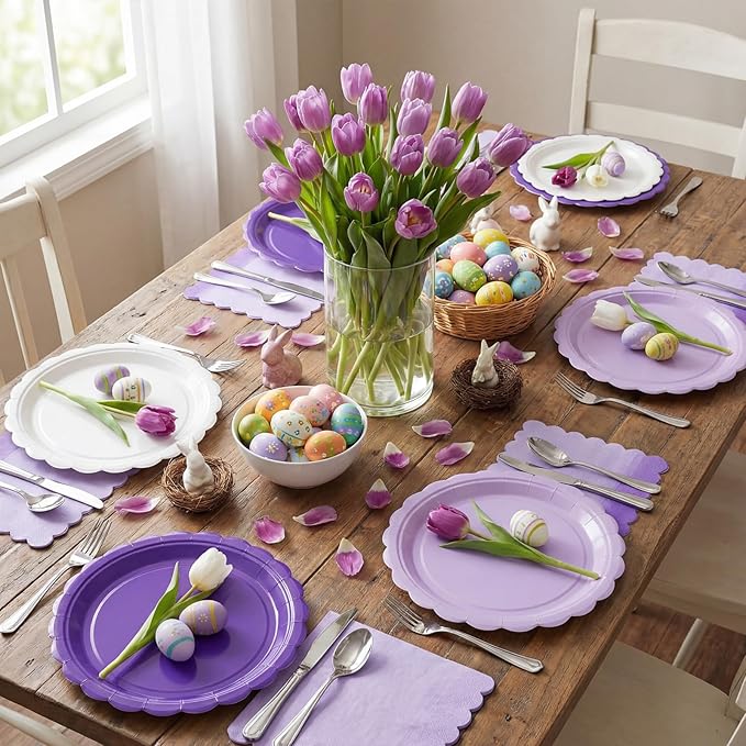 110 Pcs Purple Plates and Napkins Tableware Set Serve 25 Guests Includes Scalloped 9" 7" Paper Dessert Dinner Plate Purple Series Napkins for Spring Birthday Wedding Baby Shower Tea Party