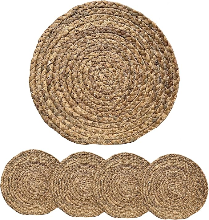 ANDSTAR Round Woven Placemats Set of 4, 12"x12", Natural Wicker Placemats, Water Hyacinth Straw Braided Placemats,Boho Place Mats for Farmhouse, Rustic Table (Water Hyacinth in Natural Color)