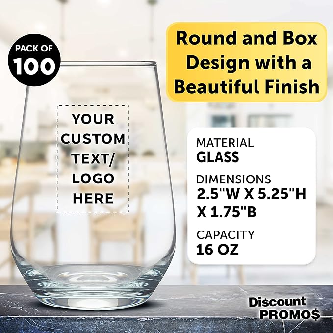 DISCOUNT PROMOS 100 Vaso Silicia Stemless Wine Glasses Set, 16 oz. - Personalized Text, Logo - Clear, Orb-Like, Thick base - Clear