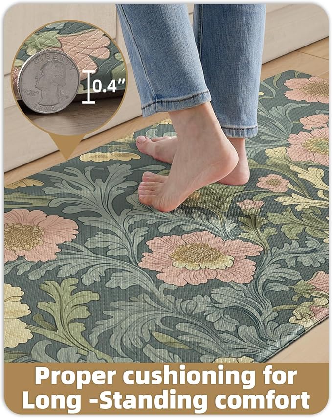 Color&Geometry Floral Kitchen Mat 24"x59", Anti Fatigue Mats for Kitchen Floor, Kitchen Rugs Non Slip, Waterproof & Oil Proof Kitchen Runner for Standing Desk Office, Sink - Dusty Blue