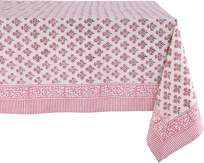 ATOSII Gulbahar White Pink 100% Cotton Fall Rectangle Tablecloth, Handblock Print Floral Table Cloth for Kitchen Dining Linen I Thanksgiving Christmas Weddings Outdoors I 72 X 120 Inches I 10 Seater