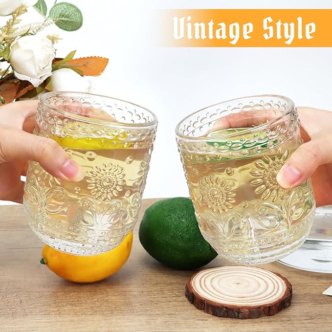 Topsky Clear Vintage Drinking Glass Set of 6,12 oz Embossed Floral Decorative Glassware Set,Glass Cups Wine Glasses Beverages Tumblers Colored Glassware for Whisky,Beer,Juice,Cocktail,Heavy Duty