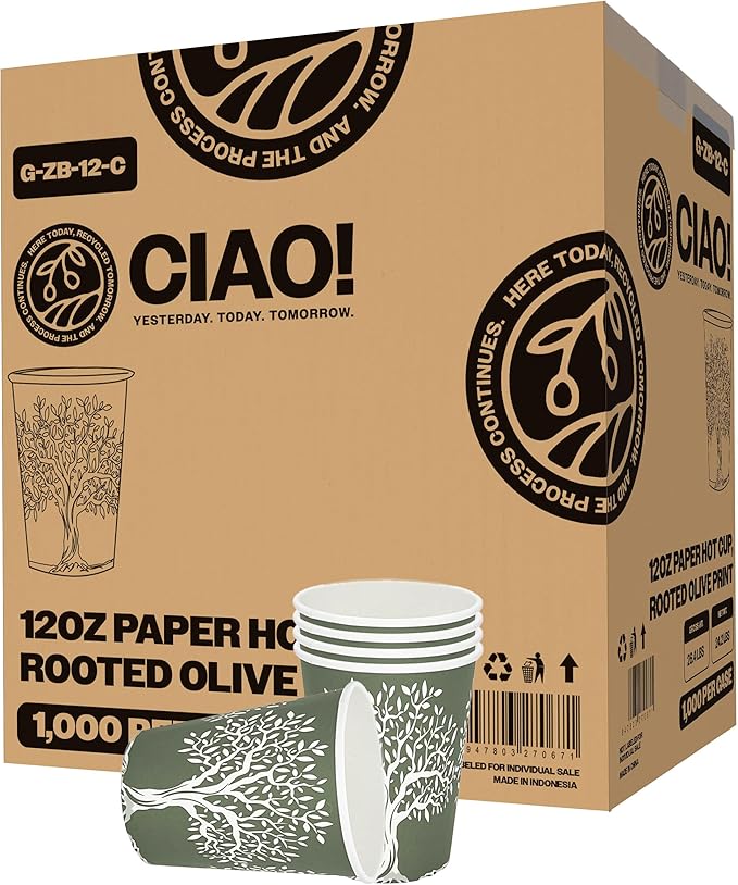 CIAO! 12oz Paper Hot Cup, Rooted Olive Print, (Case of 1,000)