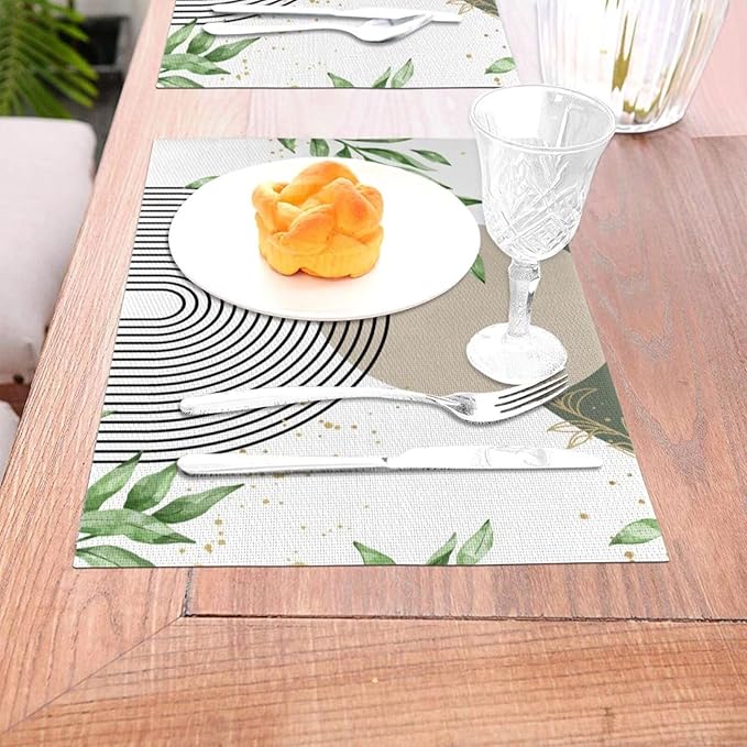 Boho Sage Green Placemats Abstract Bohemian Mid Century Modern Gold Leaves Plant Olive Grey Minimalist Washable Place Mats 12x18Inch for Dining Kitchen Farmhouse Decor 4 PCS