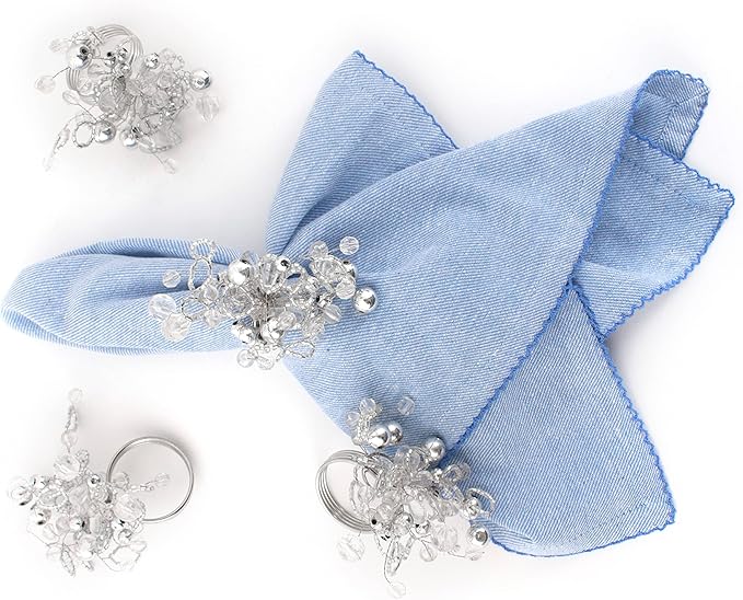 12 Pcs Decorative Beaded Napkin Rings - Elegant Napkin Ring Modern Cloth Napkin Holders for Table Kitchen Dinner Decor Party Wedding Special Occasion Everyday Use (Silver) - ALPHA Living HOME