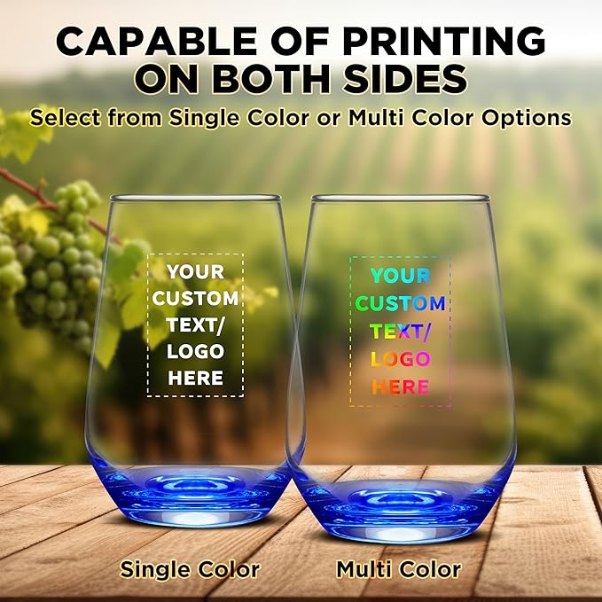 DISCOUNT PROMOS 50 Vaso Silicia Stemless Wine Glasses Set, 16 oz. - Personalized Text, Logo - Clear, Orb-Like, Thick base - Blue