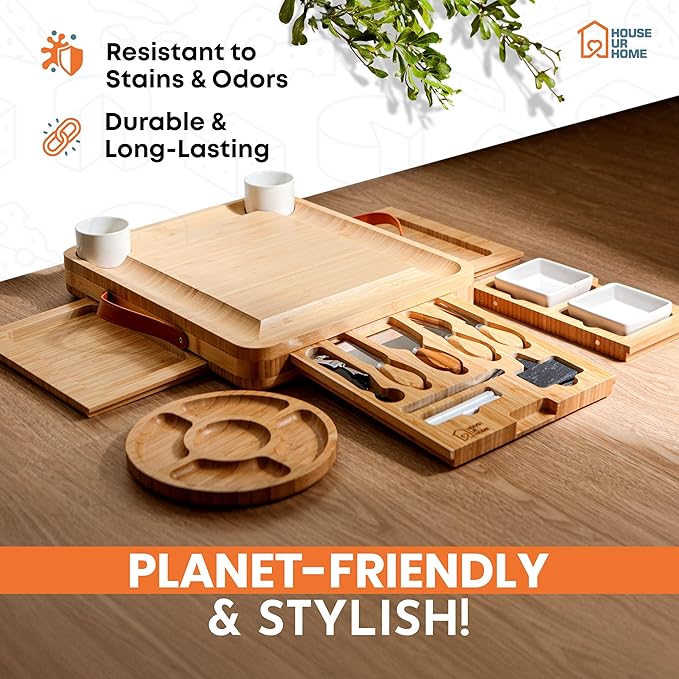 Bamboo Charcuterie Board Set - Large Cheese Platter with Knives & Bowls - Valentine’s Day Gift for Her, Mom or Girlfriend - Great Wedding, Housewarming & Birthday Gift Idea